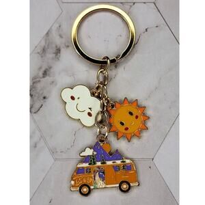 VW Bus Bag Charm Keychain Camping Mountains Happy Sun & Cloud Gold Tone Metal
